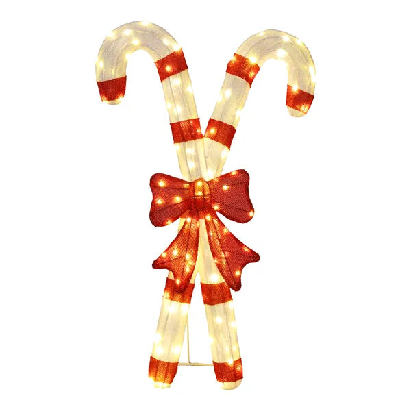 Aeelleea Lighted Candy Cane Christmas Decor with Red Bow, 2D 100 Warm White LED Lights, Indoor Outdoor Holiday Yard Decoration