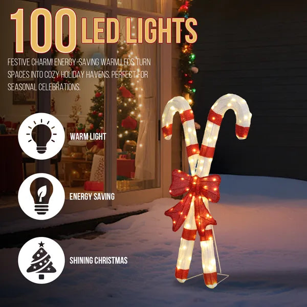 Aeelleea Lighted Candy Cane Christmas Decor with Red Bow, 2D 100 Warm White LED Lights, Indoor Outdoor Holiday Yard Decoration