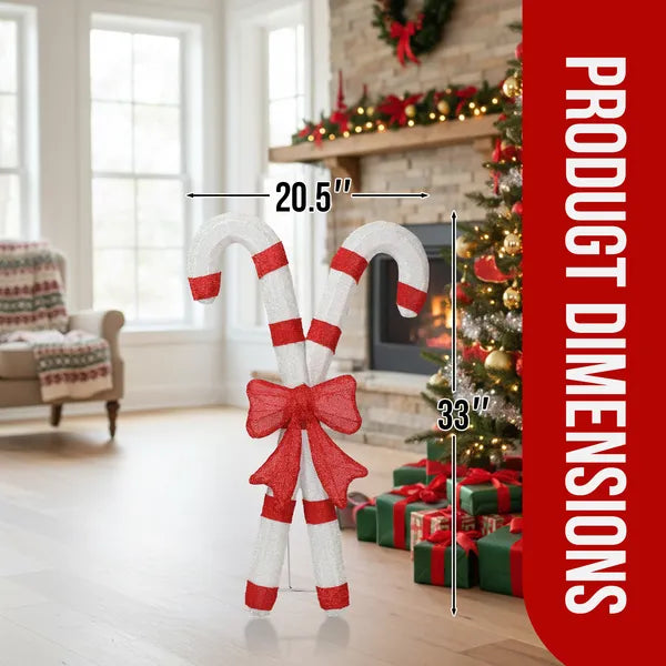 Aeelleea Lighted Candy Cane Christmas Decor with Red Bow, 2D 100 Warm White LED Lights, Indoor Outdoor Holiday Yard Decoration