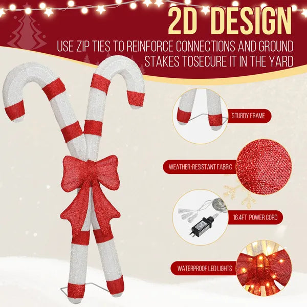 Aeelleea Lighted Candy Cane Christmas Decor with Red Bow, 2D 100 Warm White LED Lights, Indoor Outdoor Holiday Yard Decoration