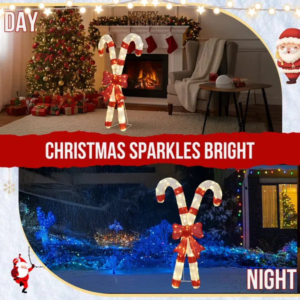 Aeelleea Lighted Candy Cane Christmas Decor with Red Bow, 2D 100 Warm White LED Lights, Indoor Outdoor Holiday Yard Decoration
