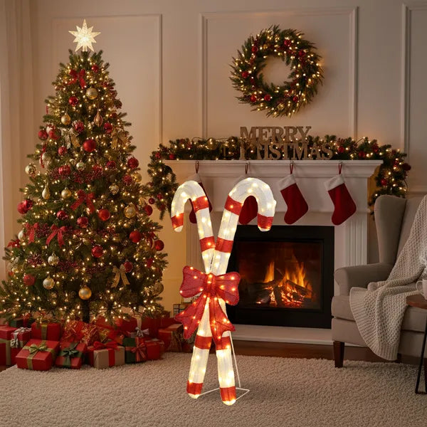 Aeelleea Lighted Candy Cane Christmas Decor with Red Bow, 2D 100 Warm White LED Lights, Indoor Outdoor Holiday Yard Decoration