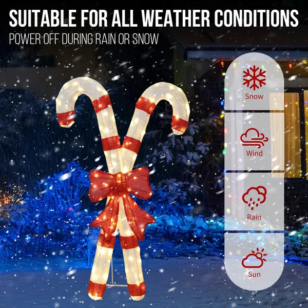 Aeelleea Lighted Candy Cane Christmas Decor with Red Bow, 2D 100 Warm White LED Lights, Indoor Outdoor Holiday Yard Decoration
