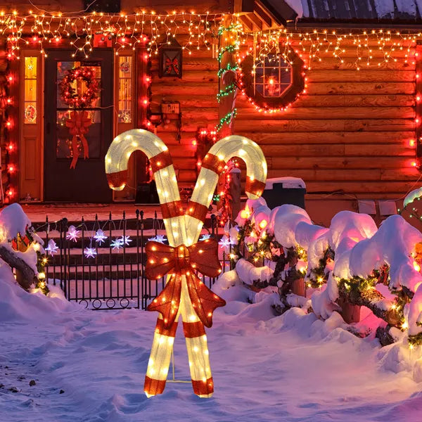 Aeelleea Lighted Candy Cane Christmas Decor with Red Bow, 2D 100 Warm White LED Lights, Indoor Outdoor Holiday Yard Decoration