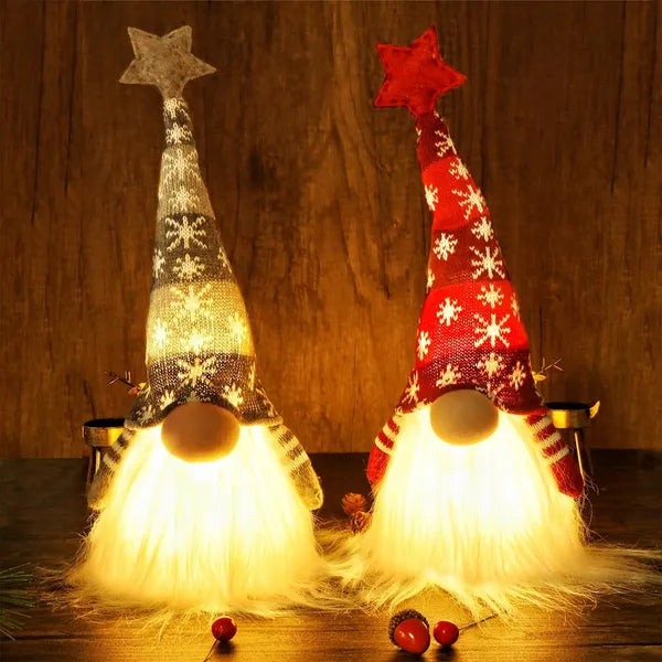 Aeelleea Lighted Christmas Gnome Set of 2, Handmade Plush Scandinavian Tomte, Battery Operated Light Up Elf Tabletop Holiday Decor