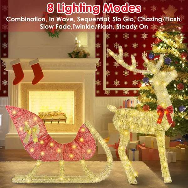 Lighted Christmas Reindeer & Sleigh Indoor Outdoor Christmas Decoration