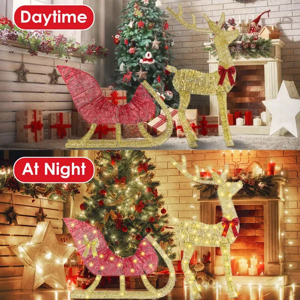 Lighted Christmas Reindeer & Sleigh Indoor Outdoor Christmas Decoration