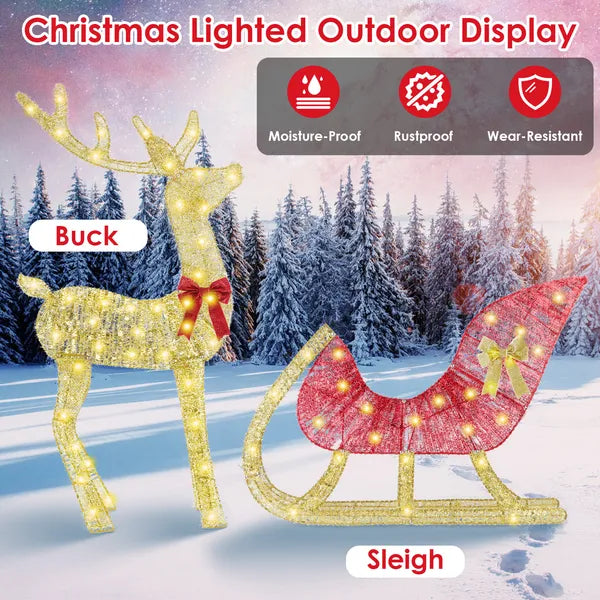 Lighted Christmas Reindeer & Sleigh Indoor Outdoor Christmas Decoration