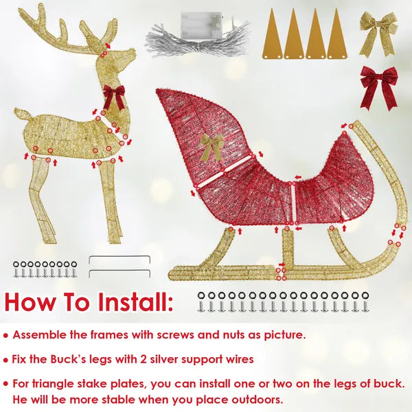 Lighted Christmas Reindeer & Sleigh Indoor Outdoor Christmas Decoration