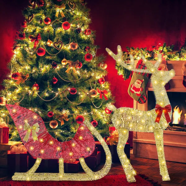 Lighted Christmas Reindeer & Sleigh Indoor Outdoor Christmas Decoration