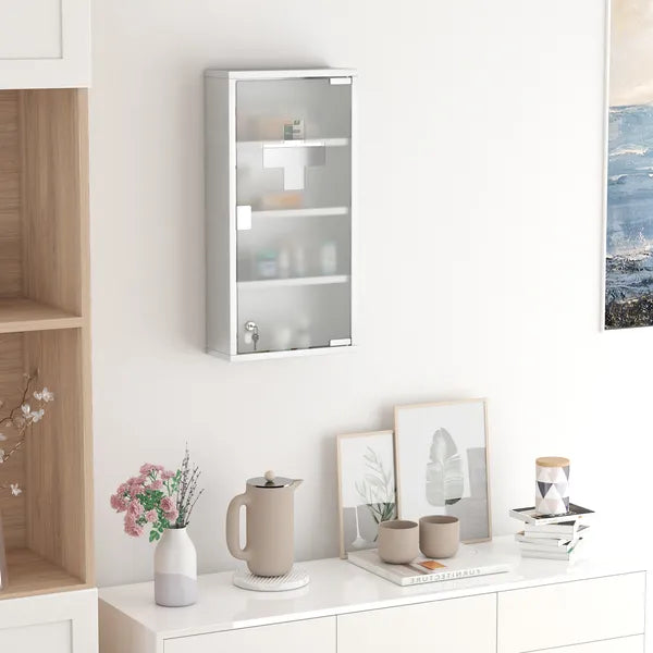 Aeelleea Lockable Medicine Cabinet 12"x24", 4 Tier Stainless Steel Wall Mounted Bathroom Medical Storage Box with Shelves
