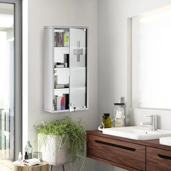 Aeelleea Lockable Medicine Cabinet 12"x24", 4 Tier Stainless Steel Wall Mounted Bathroom Medical Storage Box with Shelves