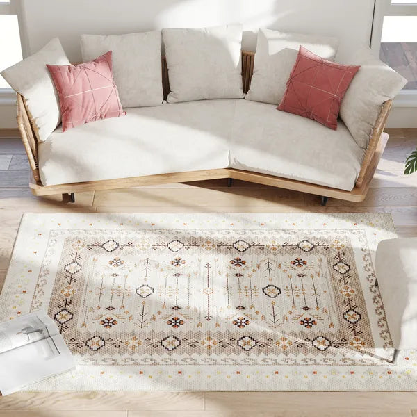 Machine Washable 4'x6' Boho Flannel Area Rug, Non-Slip Brown Printed Floor Carpet for Living Room, Bedroom & Dining Room