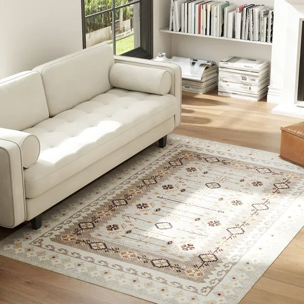 Machine Washable 4'x6' Boho Flannel Area Rug, Non-Slip Brown Printed Floor Carpet for Living Room, Bedroom & Dining Room