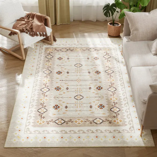 Machine Washable 4'x6' Boho Flannel Area Rug, Non-Slip Brown Printed Floor Carpet for Living Room, Bedroom & Dining Room