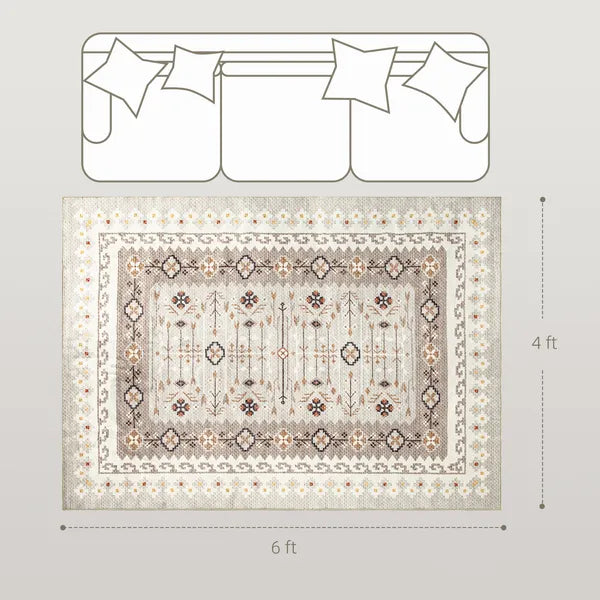 Machine Washable 4'x6' Boho Flannel Area Rug, Non-Slip Brown Printed Floor Carpet for Living Room, Bedroom & Dining Room