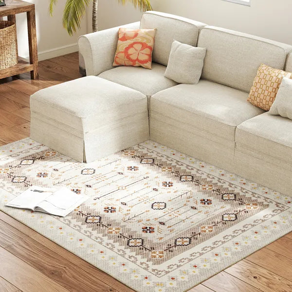 Machine Washable 4'x6' Boho Flannel Area Rug, Non-Slip Brown Printed Floor Carpet for Living Room, Bedroom & Dining Room