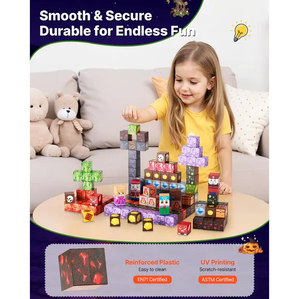 This 150-piece Dark Castle magnetic cube set is STEM educational toy for kids aged 3+. Single block size: 0.8 × 0.8 × 0.8 in.