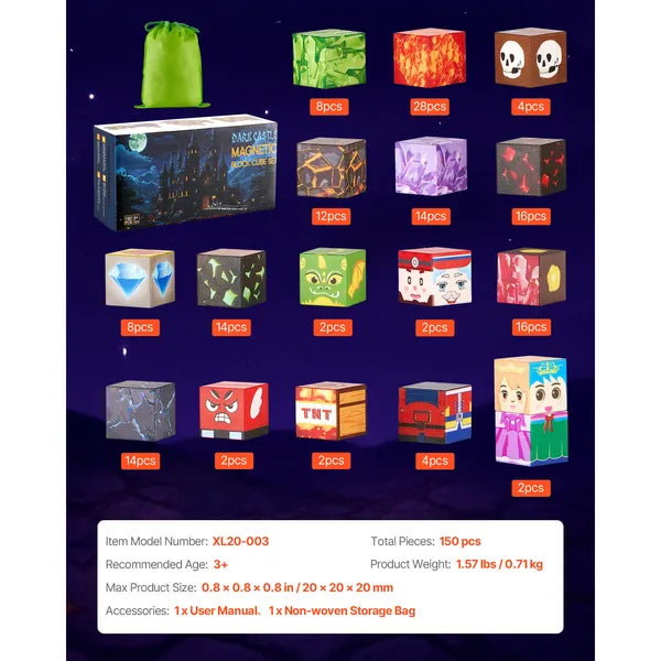 This 150-piece Dark Castle magnetic cube set is STEM educational toy for kids aged 3+. Single block size: 0.8 × 0.8 × 0.8 in.