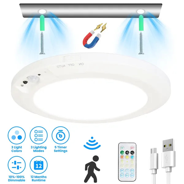 Rechargeable Magnetic LED Ceiling Light, Motion Sensor, 3 Color Modes, Wireless Drill-Free Ceiling Lamp for Hallway Closet Stairs
