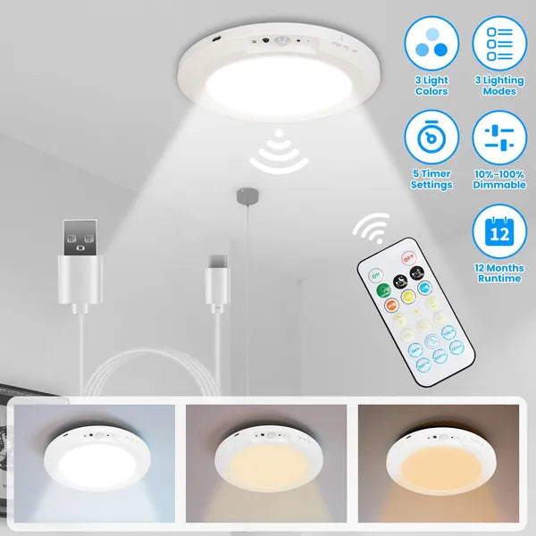Rechargeable Magnetic LED Ceiling Light, Motion Sensor, 3 Color Modes, Wireless Drill-Free Ceiling Lamp for Hallway Closet Stairs
