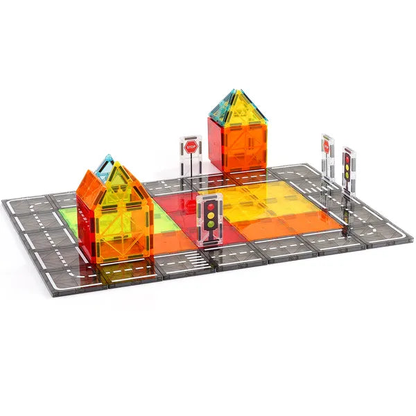 Aeelleea 56 Pcs Magnetic Tiles Road Set, Magnetic Blocks with Storage Bag, STEM Building Toy for Kids Ages 3+, Boys Girls Educational Sensory Play