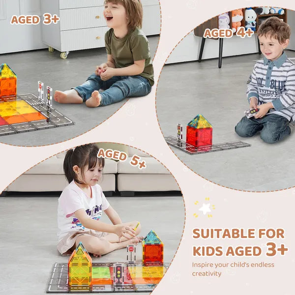 Aeelleea 56 Pcs Magnetic Tiles Road Set, Magnetic Blocks with Storage Bag, STEM Building Toy for Kids Ages 3+, Boys Girls Educational Sensory Play