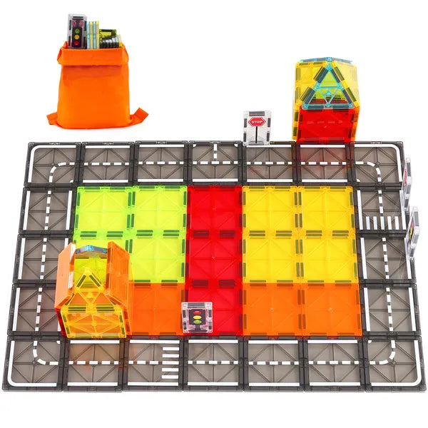 Aeelleea 56 Pcs Magnetic Tiles Road Set, Magnetic Blocks with Storage Bag, STEM Building Toy for Kids Ages 3+, Boys Girls Educational Sensory Play