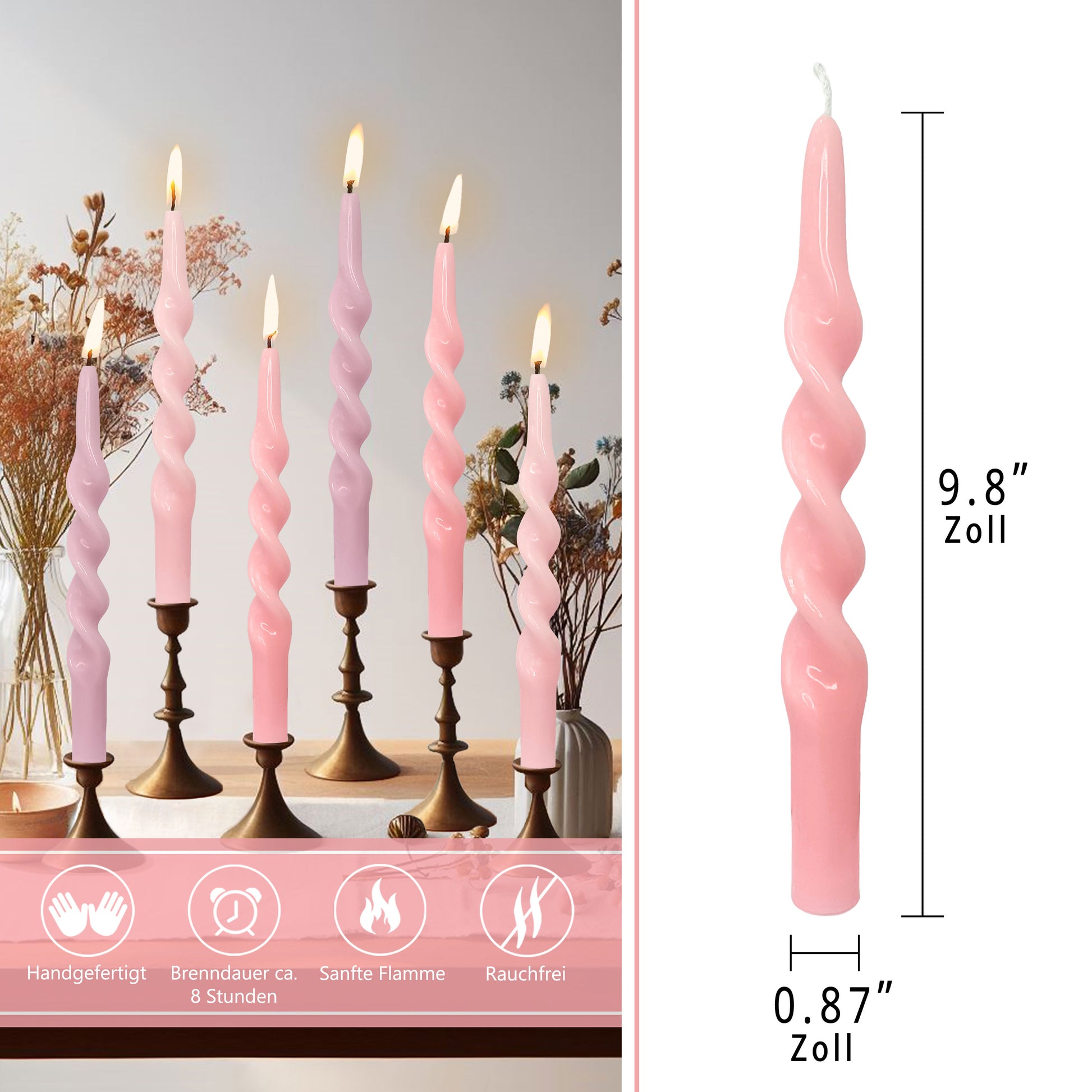 Spiral Taper Candle Twisted Candle 10 Inch Long Tapered Wax Candle Colored Candle Sticks Colorful Twisting Candles for Wedding Home Dinner Party Women Gifts, 6 Pack