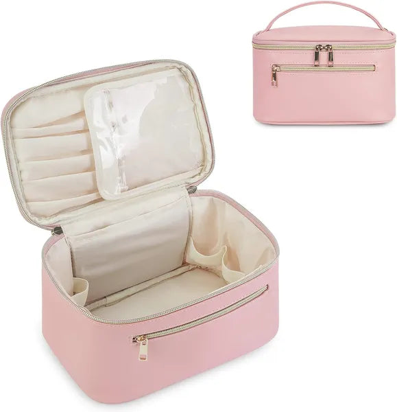 Aeelleea Vegan Leather Makeup Bag, Pink Travel Cosmetic Organizer Case with Handle, Double Zipper Waterproof Toiletry Bag for Women