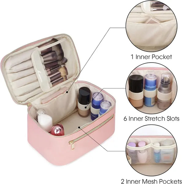 Aeelleea Vegan Leather Makeup Bag, Pink Travel Cosmetic Organizer Case with Handle, Double Zipper Waterproof Toiletry Bag for Women