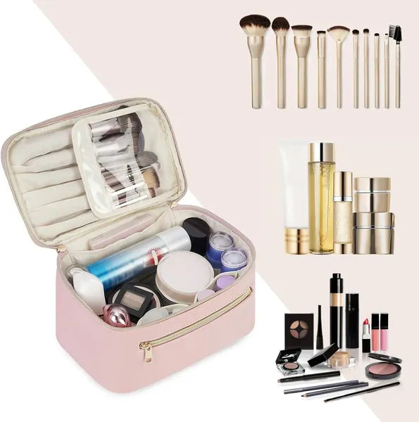 Aeelleea Vegan Leather Makeup Bag, Pink Travel Cosmetic Organizer Case with Handle, Double Zipper Waterproof Toiletry Bag for Women