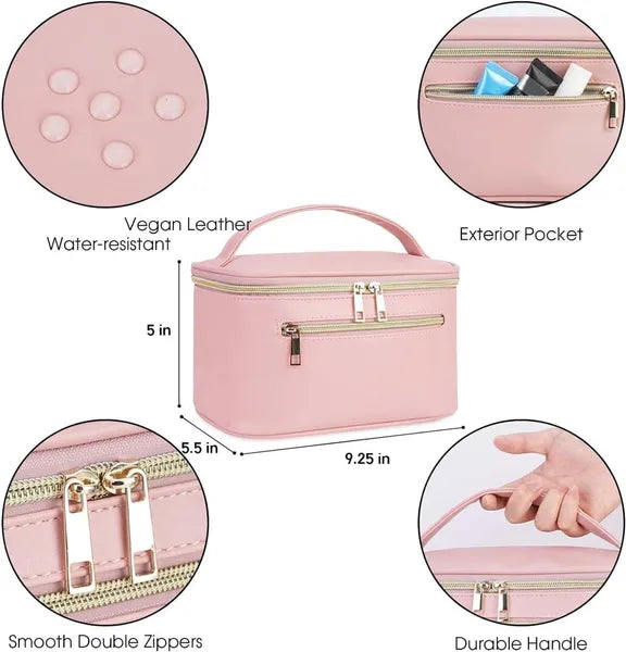 Aeelleea Vegan Leather Makeup Bag, Pink Travel Cosmetic Organizer Case with Handle, Double Zipper Waterproof Toiletry Bag for Women