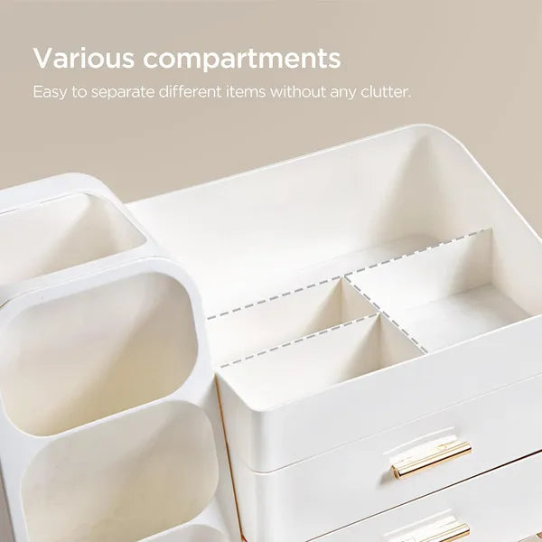 White Large Plastic Makeup Organizer with Brush Holder, Vanity Countertop Cosmetic Storage Box for Lipstick, Perfume & Skincare
