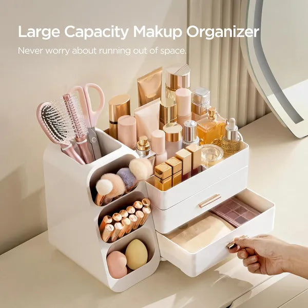 White Large Plastic Makeup Organizer with Brush Holder, Vanity Countertop Cosmetic Storage Box for Lipstick, Perfume & Skincare
