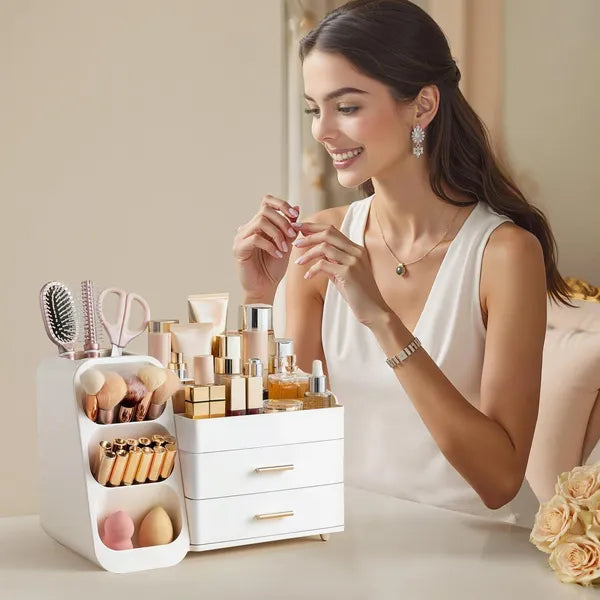 White Large Plastic Makeup Organizer with Brush Holder, Vanity Countertop Cosmetic Storage Box for Lipstick, Perfume & Skincare
