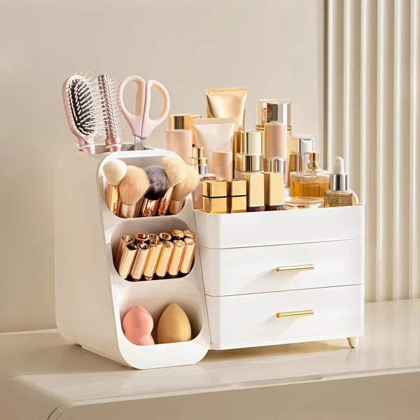 White Large Plastic Makeup Organizer with Brush Holder, Vanity Countertop Cosmetic Storage Box for Lipstick, Perfume & Skincare