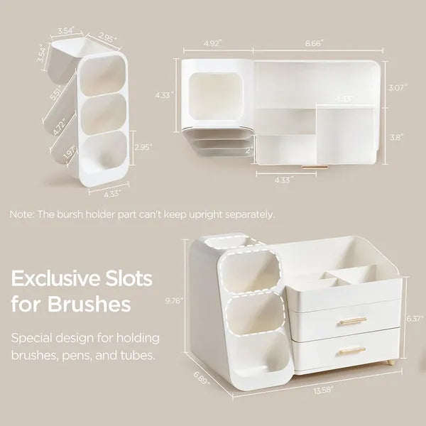 White Large Plastic Makeup Organizer with Brush Holder, Vanity Countertop Cosmetic Storage Box for Lipstick, Perfume & Skincare