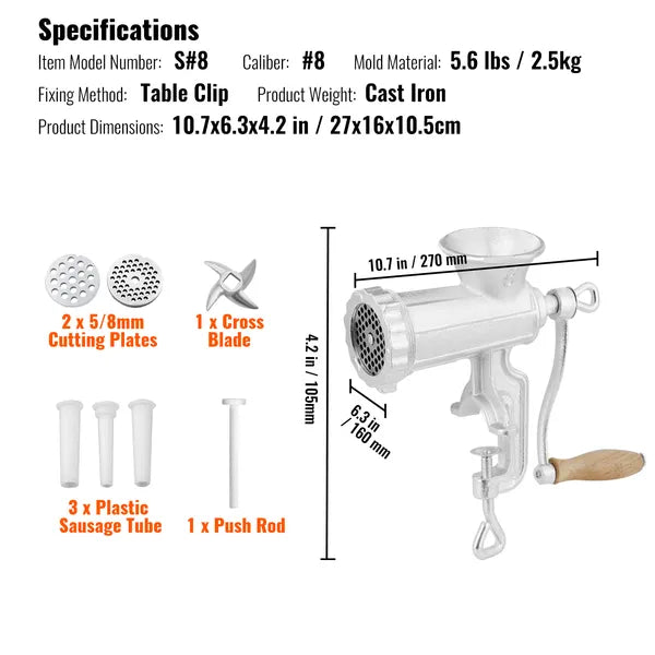AEELLEEA Manual Cast Iron Meat Grinder 10.7" x 6.3" x 4.2", Hand Crank Mincer with Sausage Tubes for Home Kitchen Use