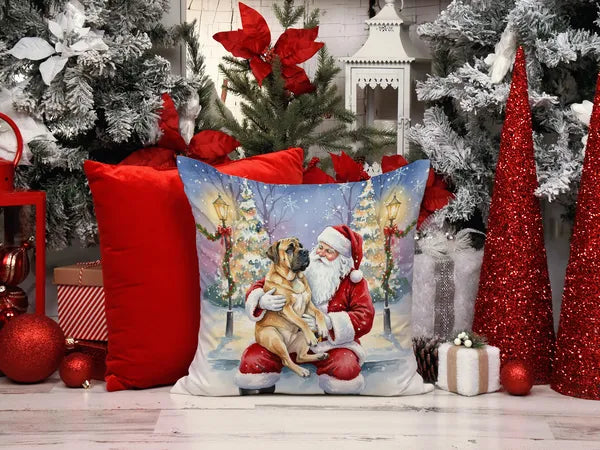 Aeelleea Mastiff Santa Throw Pillow 14x14 in, Christmas Dog Decor Cushion for Couch Bed Patio