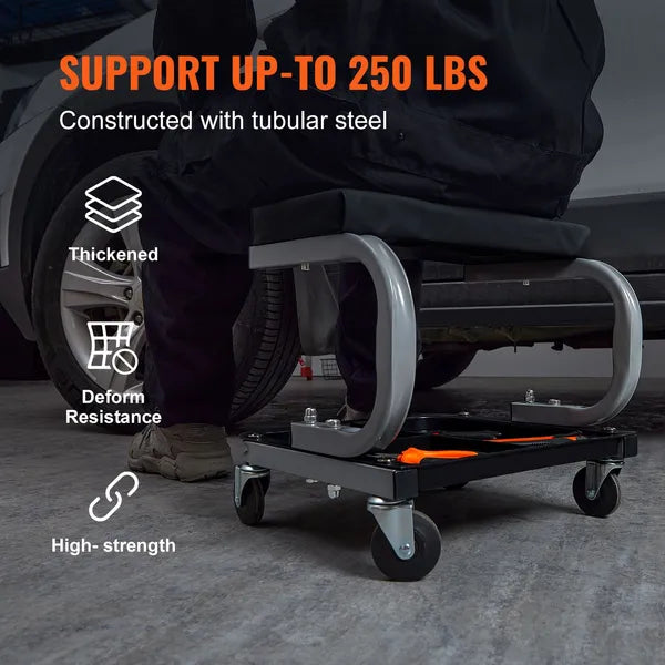 Mechanics Stool Garage Rolling Creeper Seat with Tool Tray 250 lbs Capacity Padded Cushion 4 Swivel Casters for Auto Repair Workshop