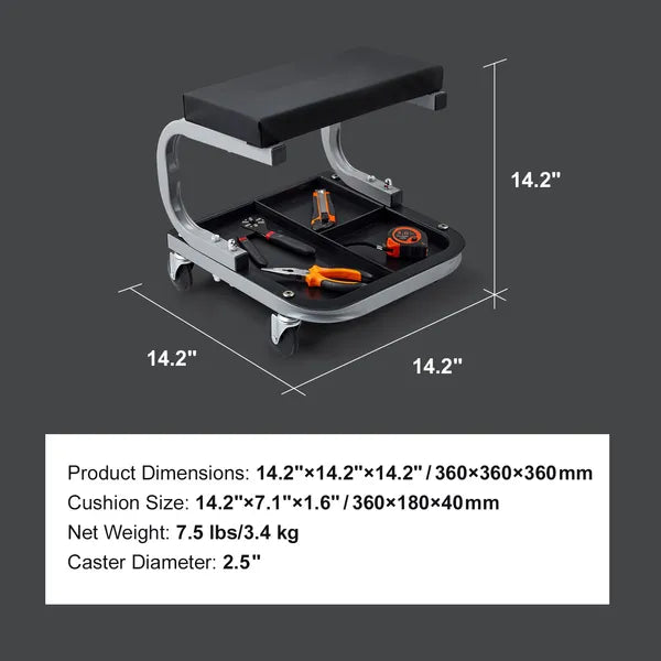 Mechanics Stool Garage Rolling Creeper Seat with Tool Tray 250 lbs Capacity Padded Cushion 4 Swivel Casters for Auto Repair Workshop