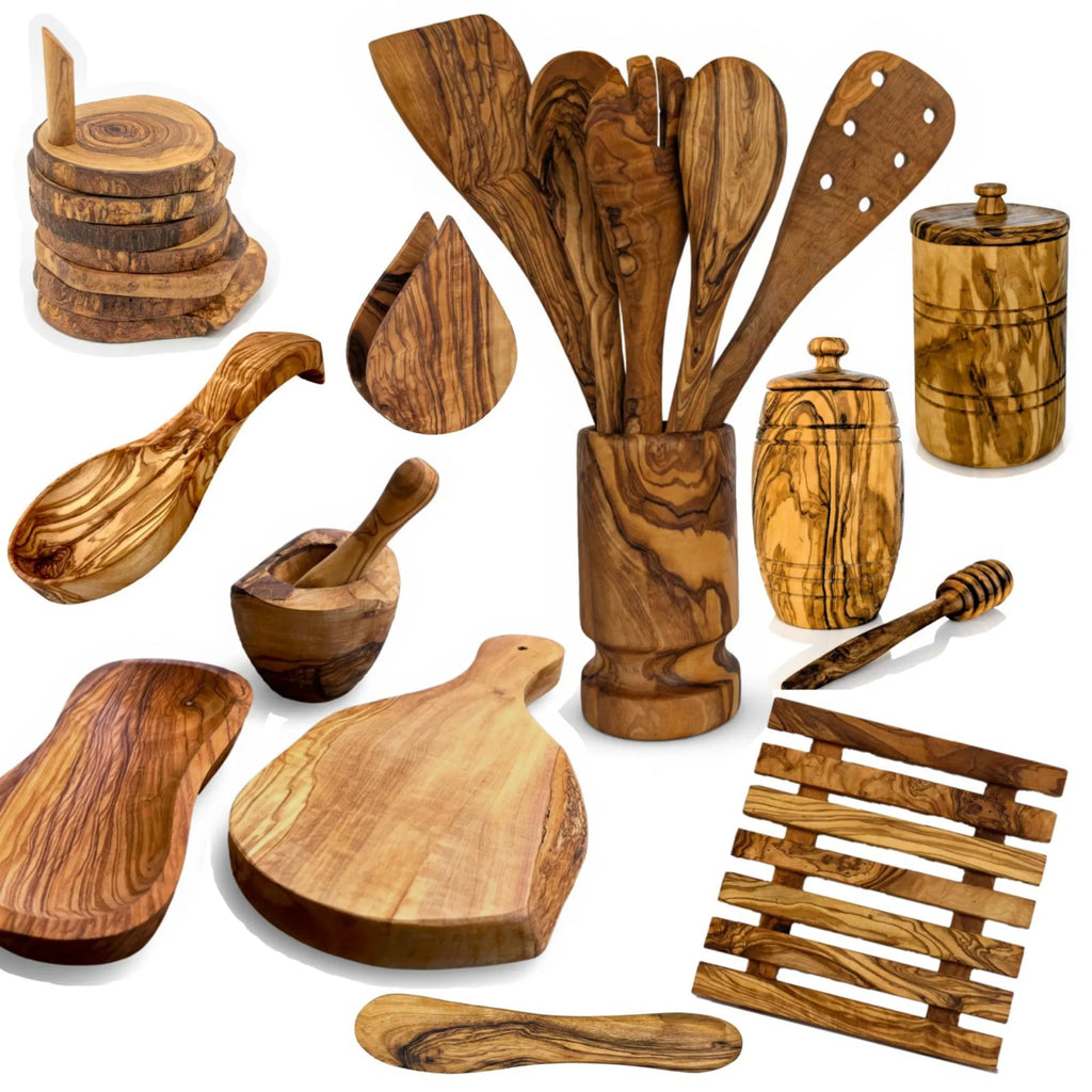 AEELLEEA Olive Wood Kitchen Utensil Set 25-Piece Handcrafted Mediterranean Cutting Board Mortar and Pestle Cooking Dining Serving Tabletop