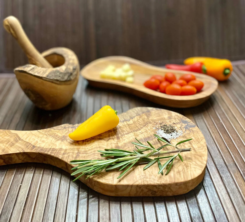 AEELLEEA Olive Wood Kitchen Utensil Set 25-Piece Handcrafted Mediterranean Cutting Board Mortar and Pestle Cooking Dining Serving Tabletop