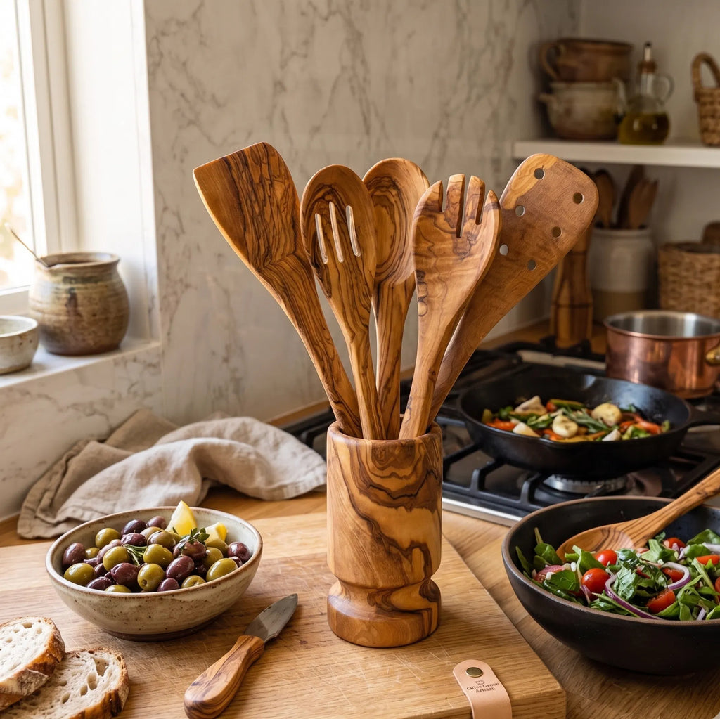 AEELLEEA Olive Wood Kitchen Utensil Set 25-Piece Handcrafted Mediterranean Cutting Board Mortar and Pestle Cooking Dining Serving Tabletop
