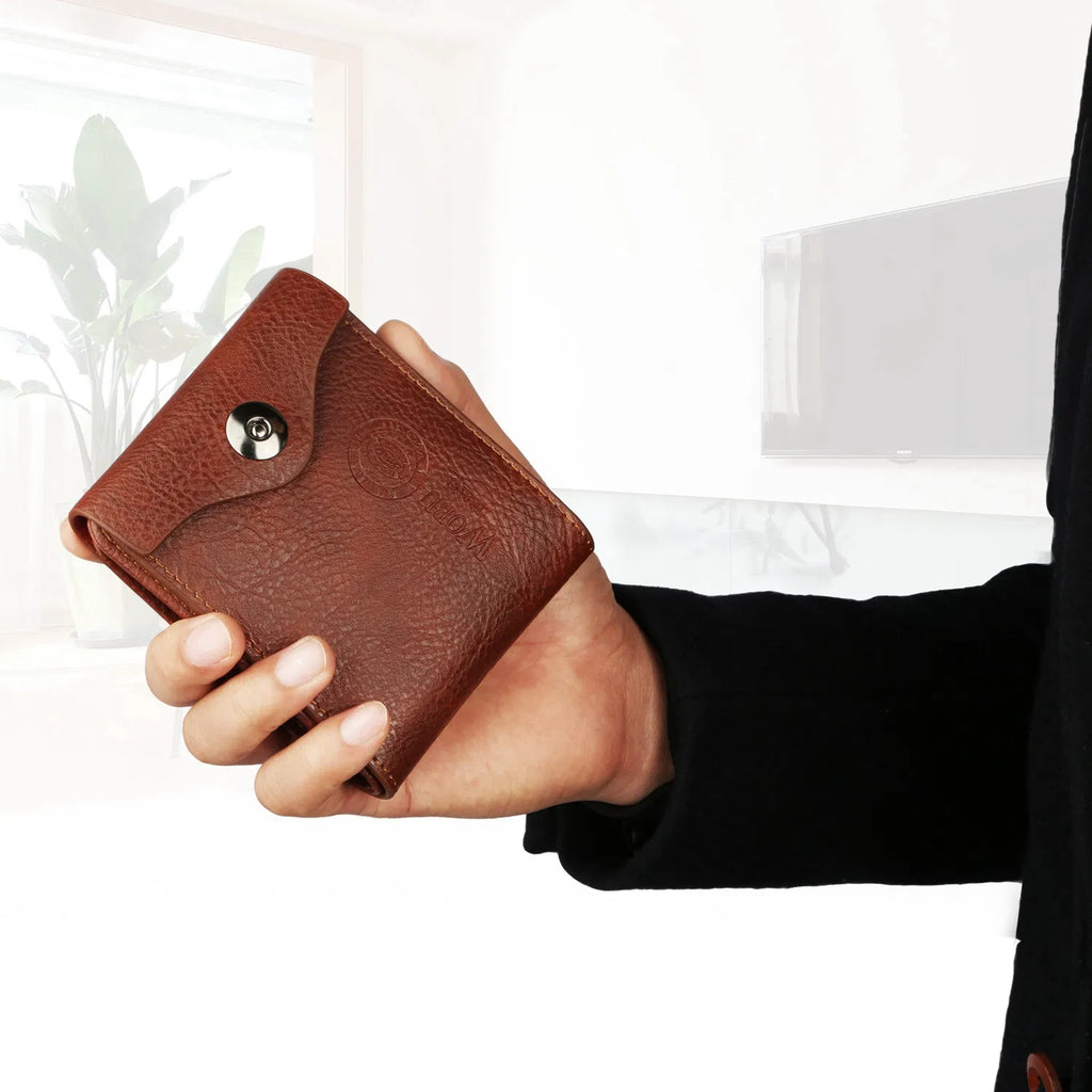 Men’s Slim Bifold RFID‑Blocking Wallet, PU Leather Wallet with 2 ID Windows, Coin Pocket and Multiple Card Slots, Brown
