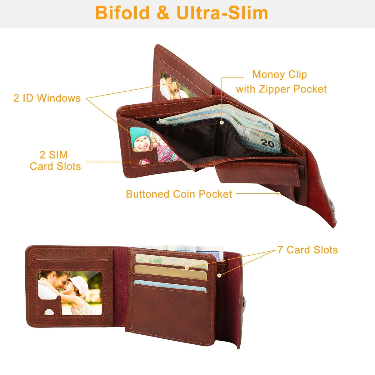 Men’s Slim Bifold RFID‑Blocking Wallet, PU Leather Wallet with 2 ID Windows, Coin Pocket and Multiple Card Slots, Brown