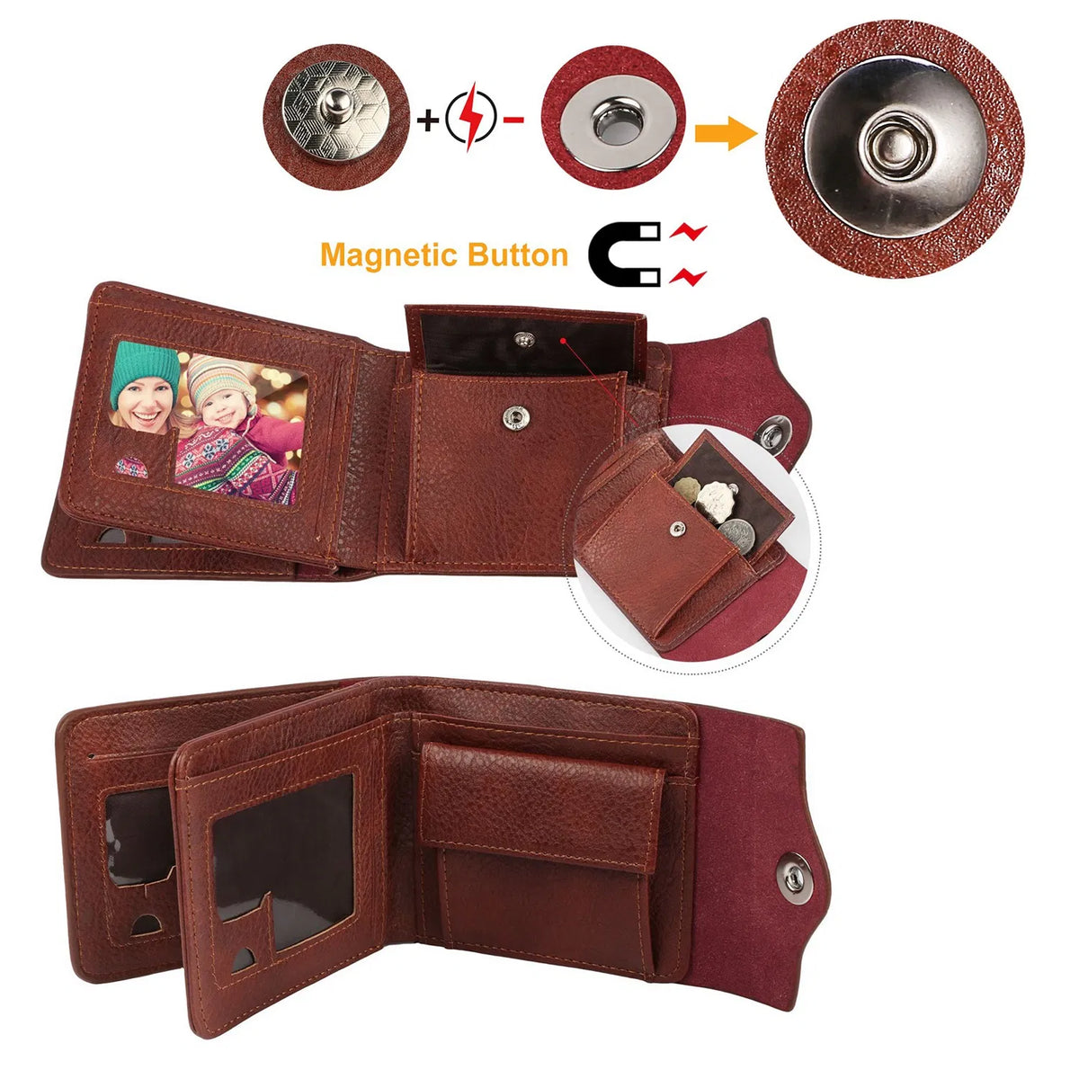 Men’s Slim Bifold RFID‑Blocking Wallet, PU Leather Wallet with 2 ID Windows, Coin Pocket and Multiple Card Slots, Brown