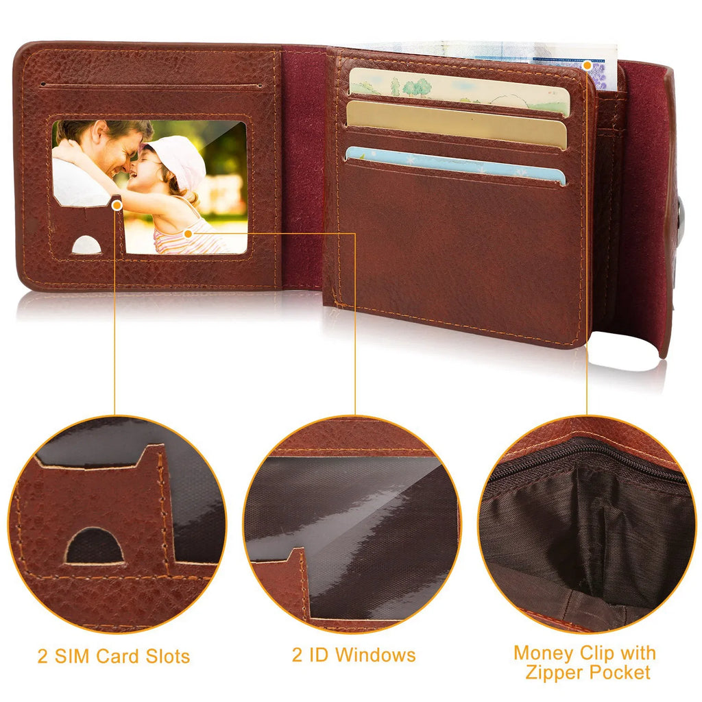 Men’s Slim Bifold RFID‑Blocking Wallet, PU Leather Wallet with 2 ID Windows, Coin Pocket and Multiple Card Slots, Brown