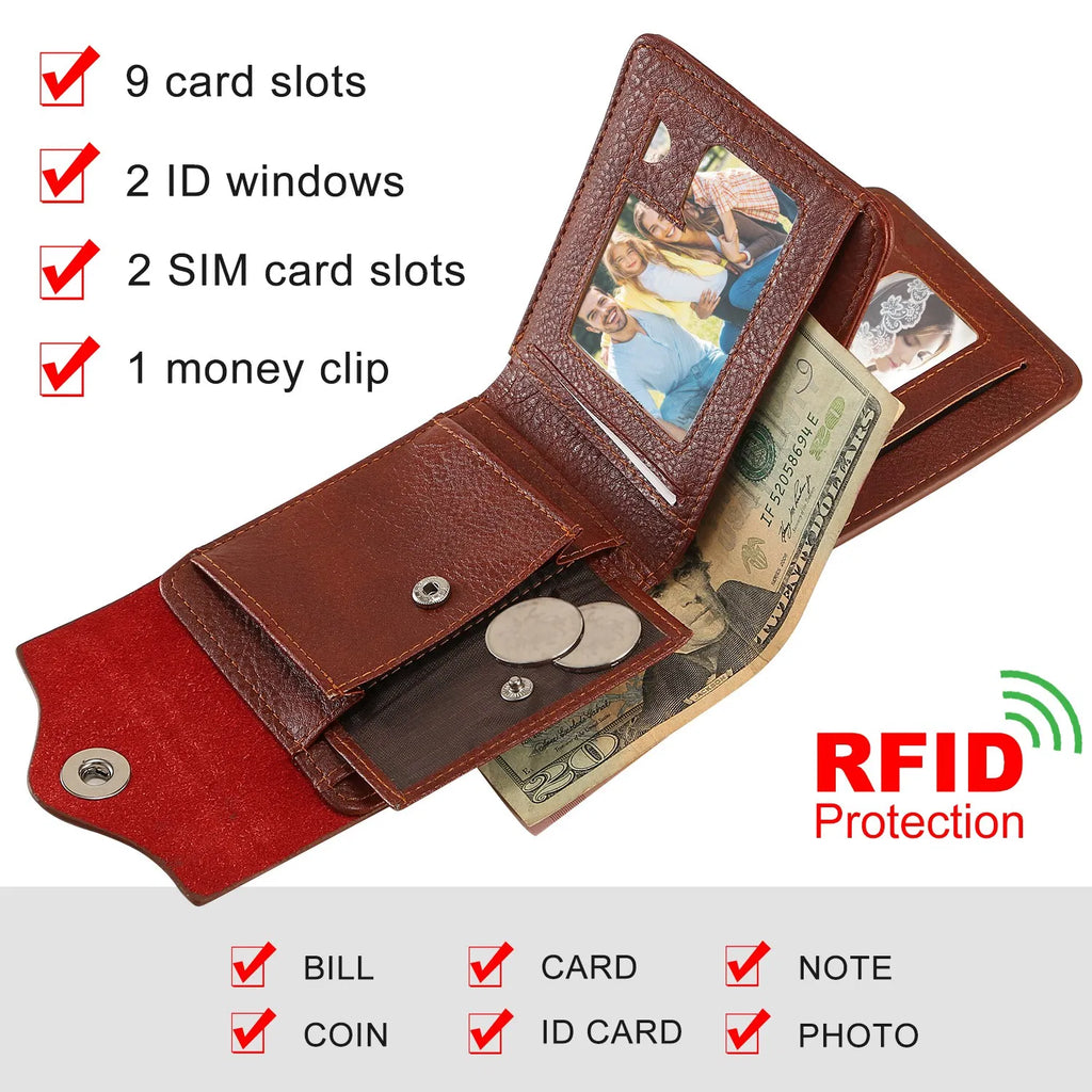 Men’s Slim Bifold RFID‑Blocking Wallet, PU Leather Wallet with 2 ID Windows, Coin Pocket and Multiple Card Slots, Brown